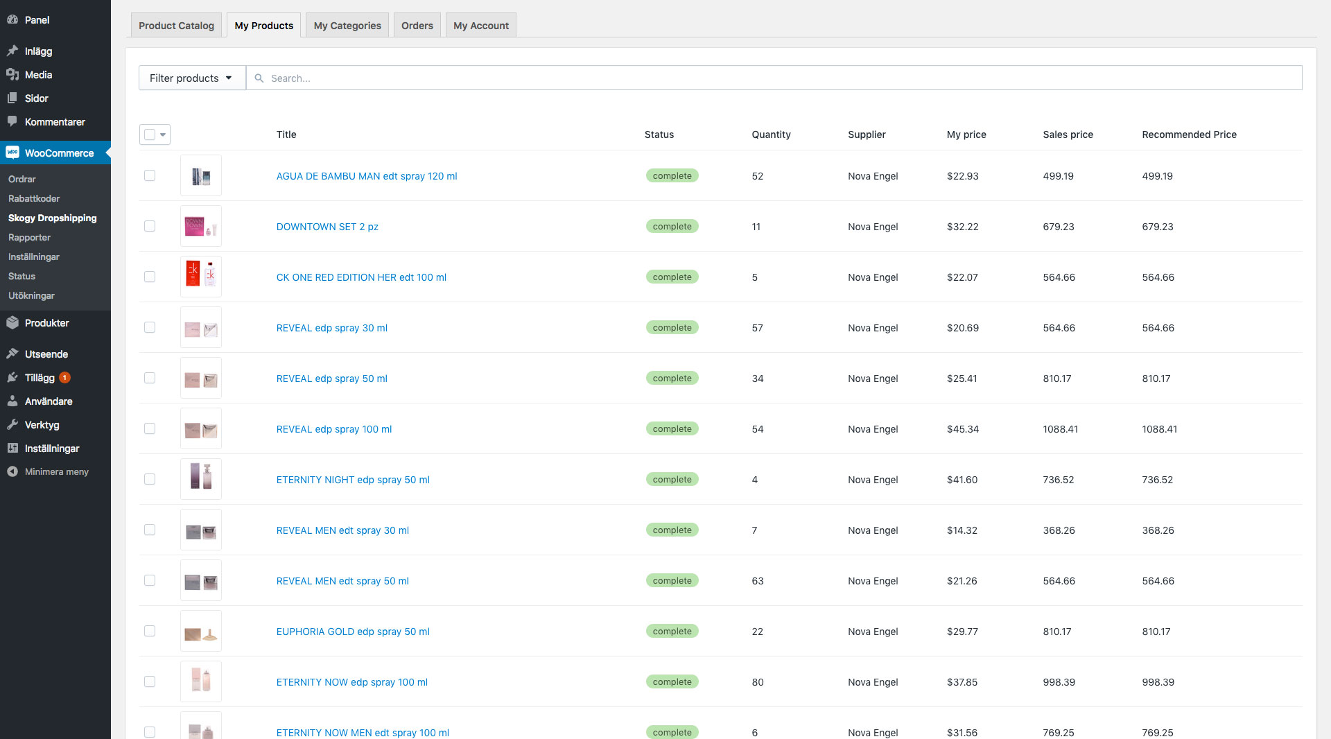 Overview of products you have added