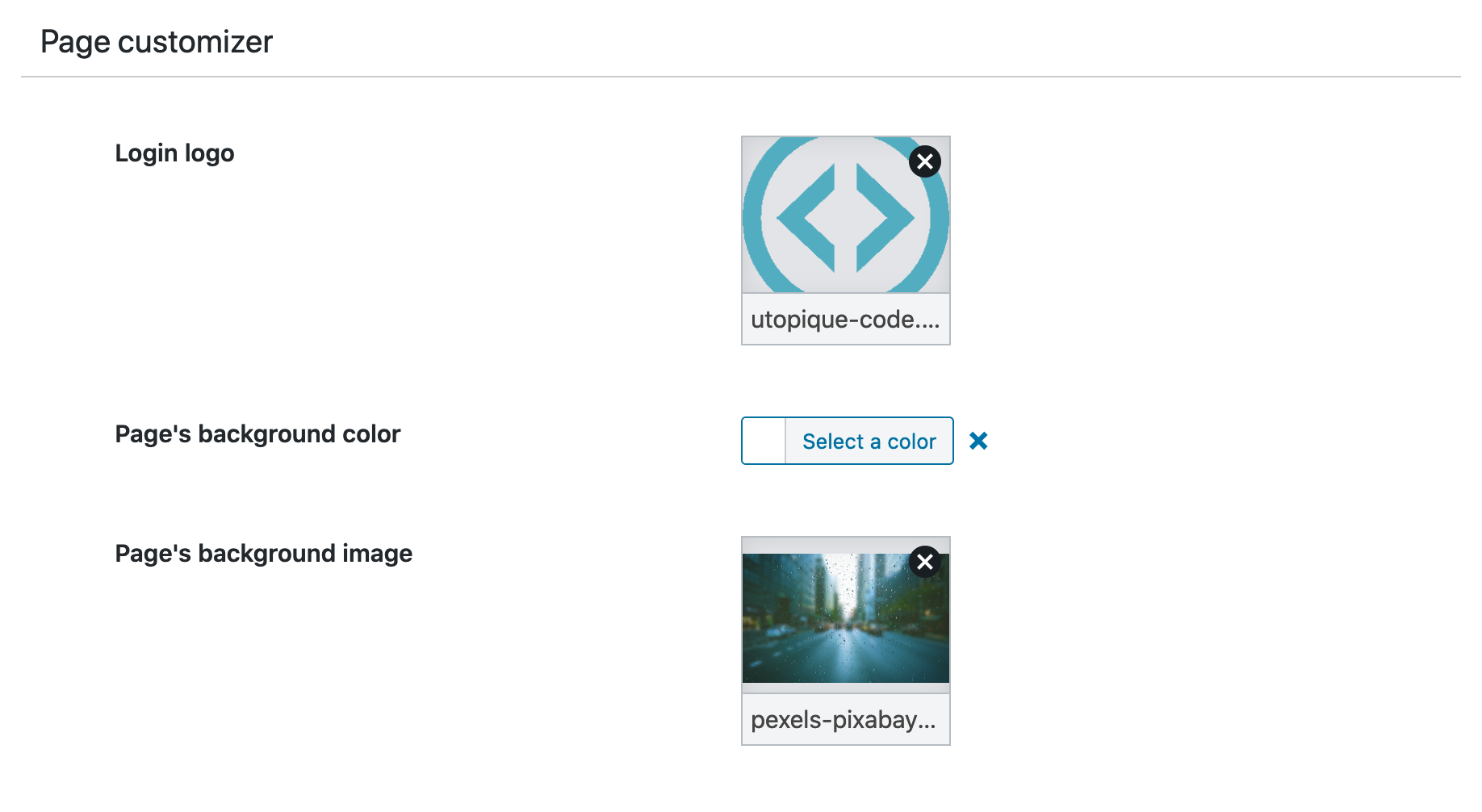 The page customizer allows you to customize the logo and the page background (color or background image)