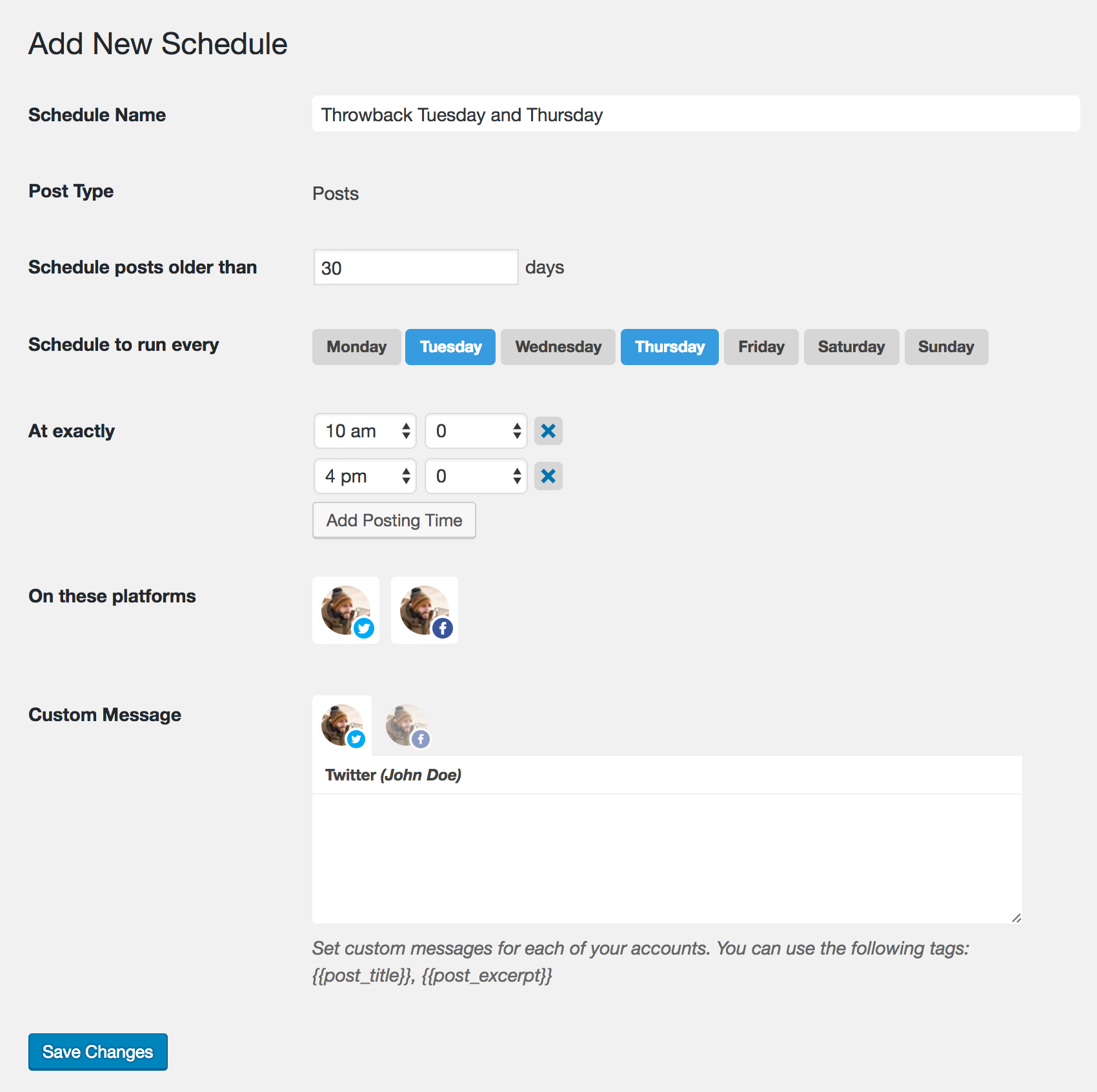 Add New Schedule screen with all the available social share options