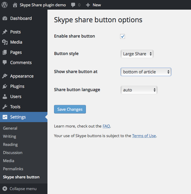 Screenshot of the Skype share button settings page