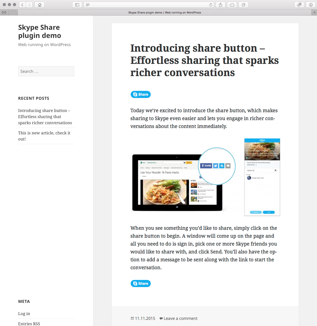 Screenshot of the Skype share button shown on the bottom of the article