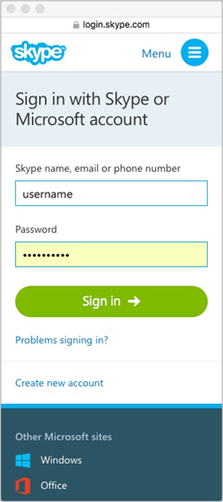 Screenshot of the Skype login sceeen