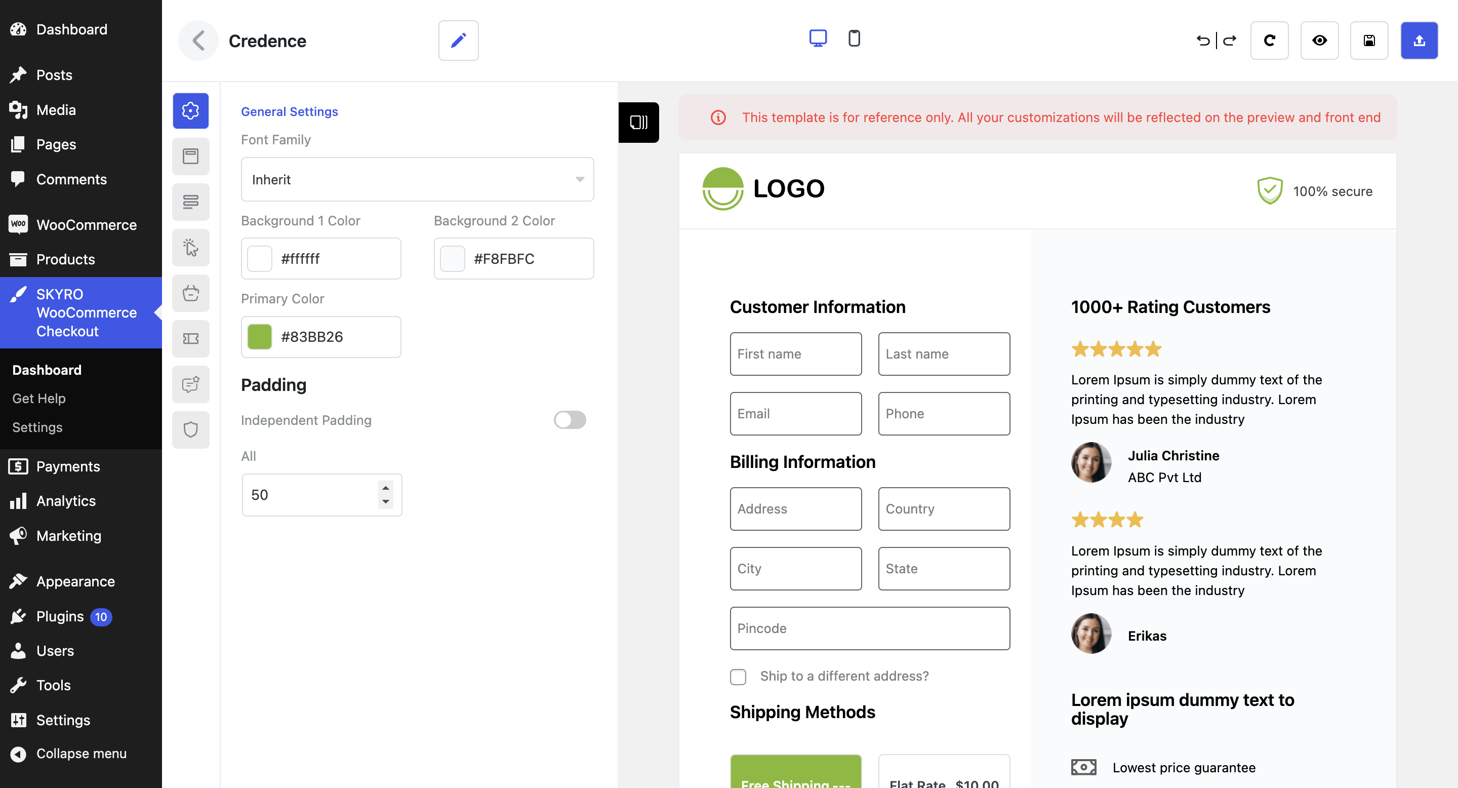 Checkout template editor.