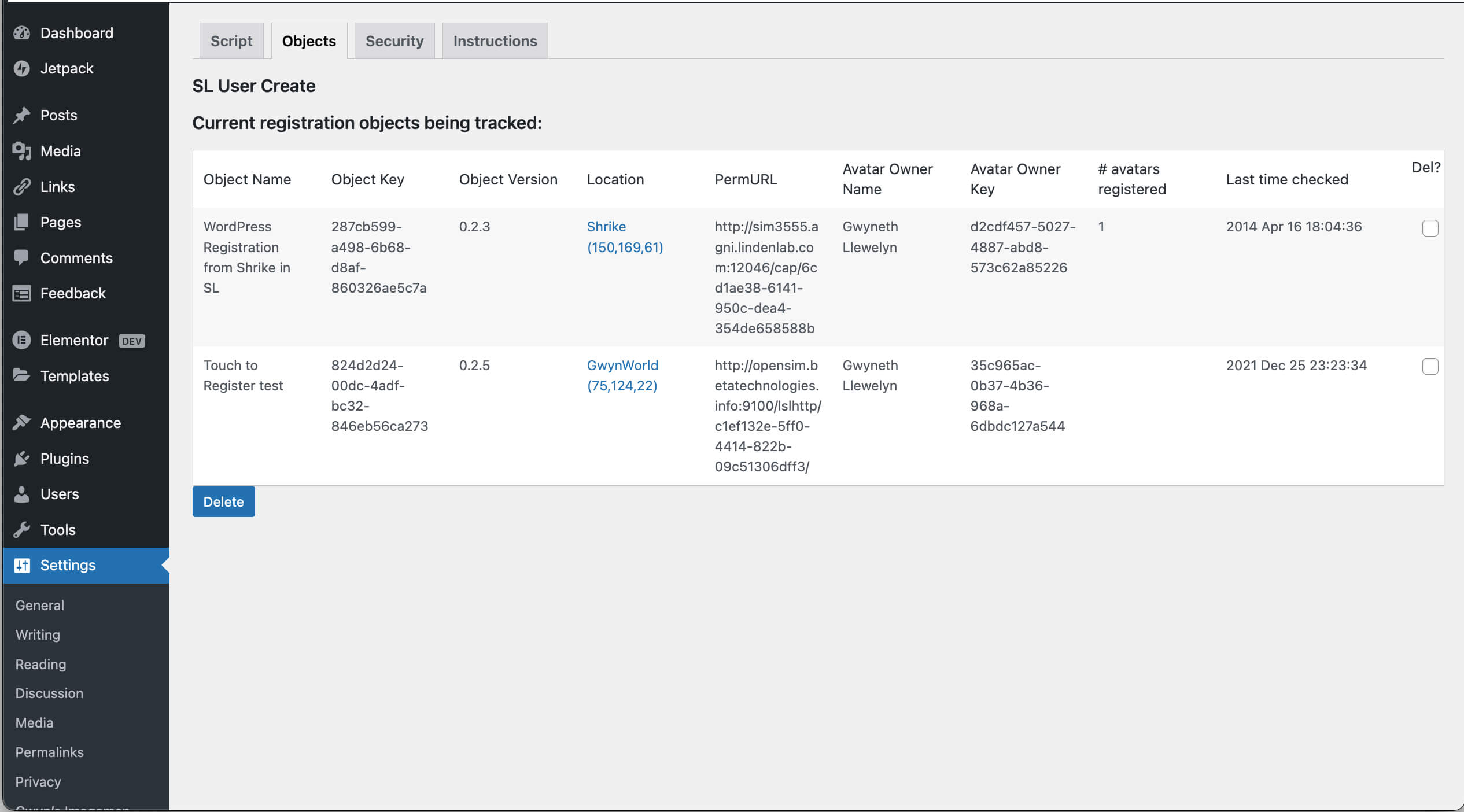 Admin interface to manage registration objects