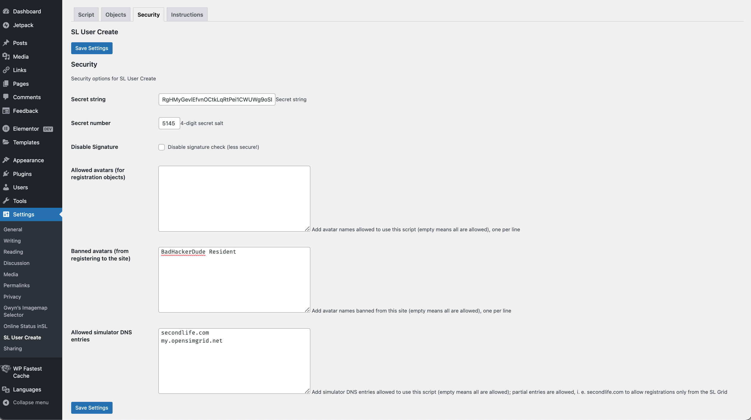 Configuring security settings