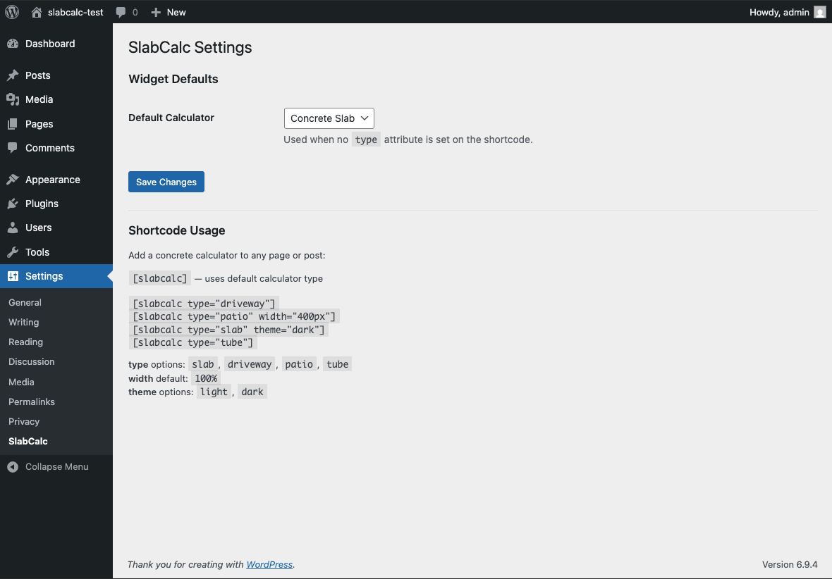 SlabCalc settings page in WP Admin