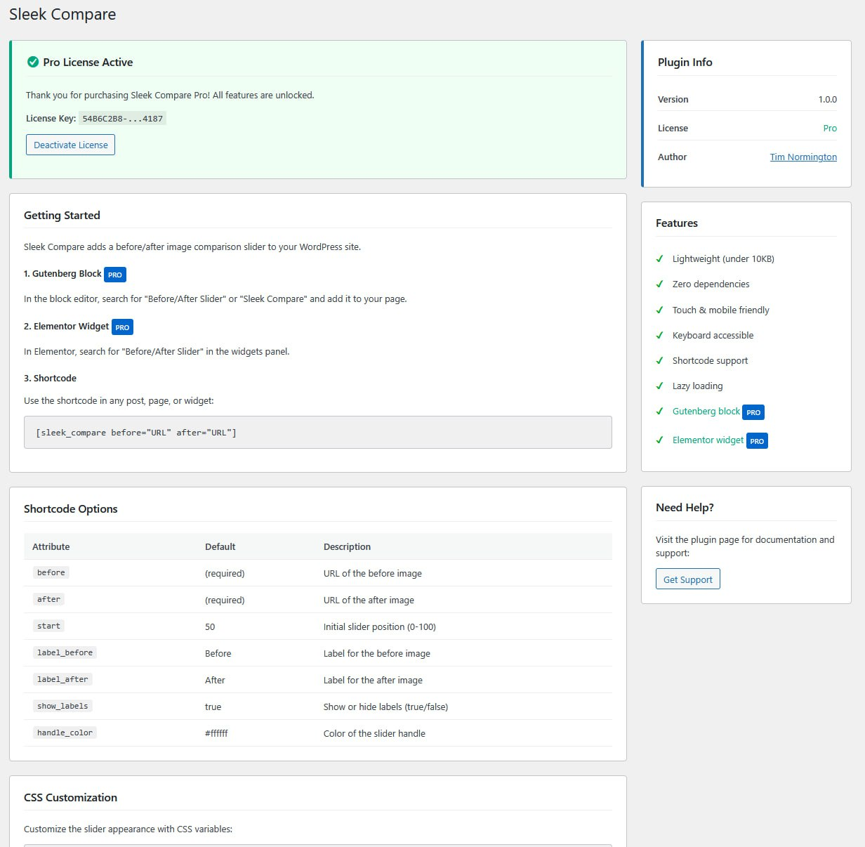 Admin settings page with usage instructions