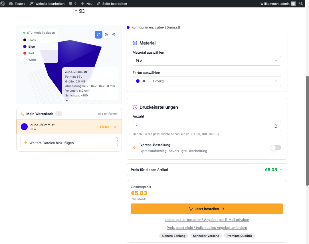 The widget on the front end: upload a file, pick a material, get an instant price