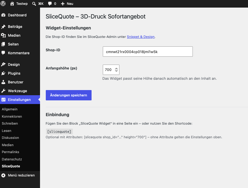 Settings page with shop ID and initial height