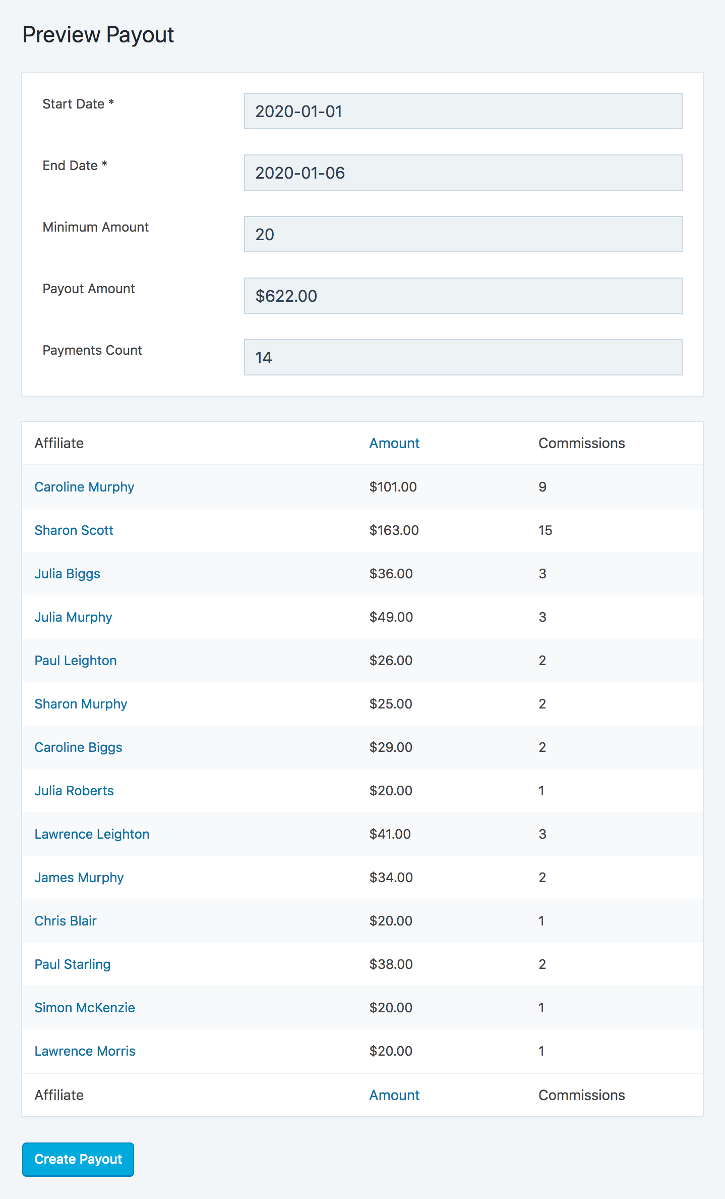 Review newly generated affiliates payout. Before creating a payout you can review the generated affiliates payments.