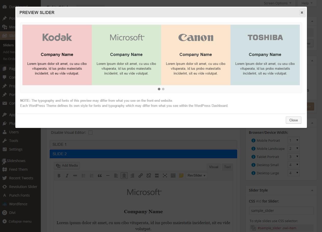 How a carousel created using `Slide Anything` appears within the slider preview popup.