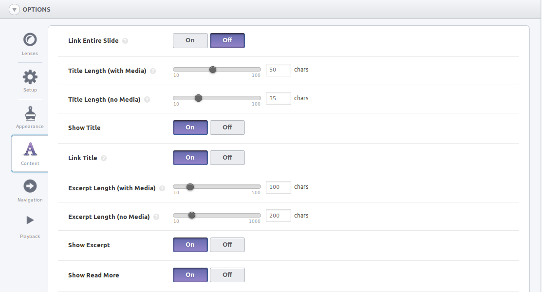 One of the many settings page available to you. You can tweak dozens of settings for each SlideDeck.