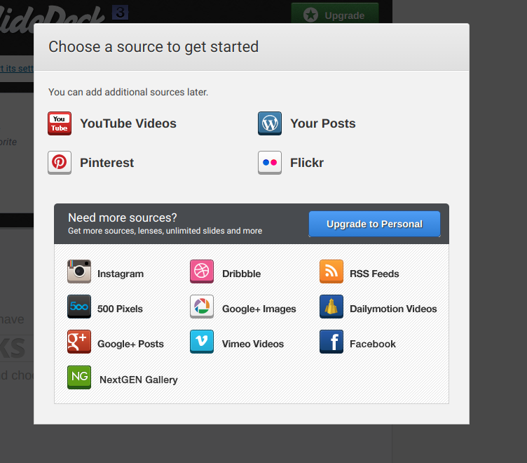The source selection popup for dynamic source content.
