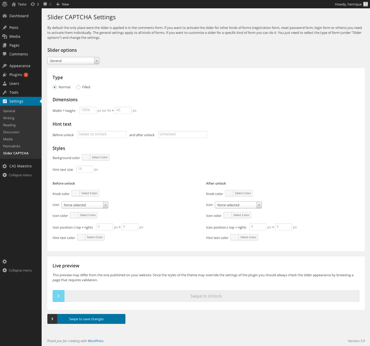 Settings panel