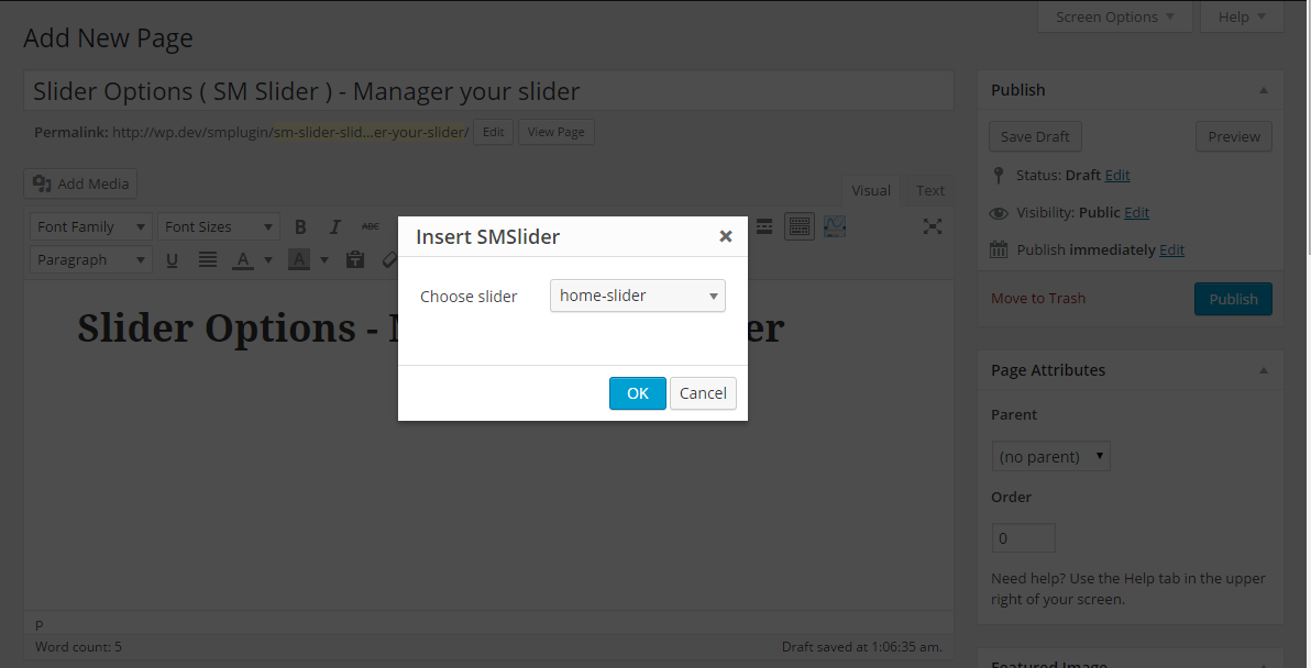 Add SM Slider to page or post by click button