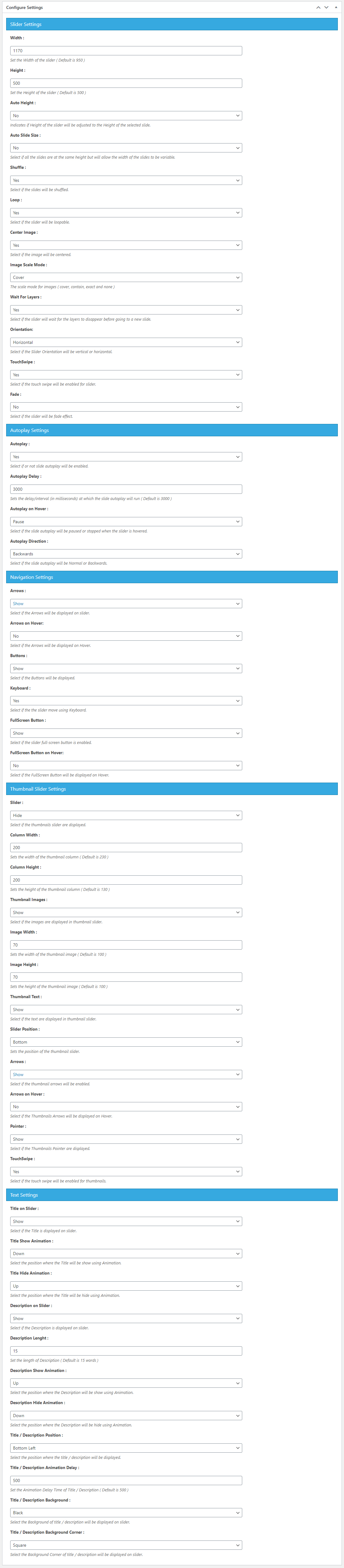 Slider with thumbnail slider with images and text at position left.
