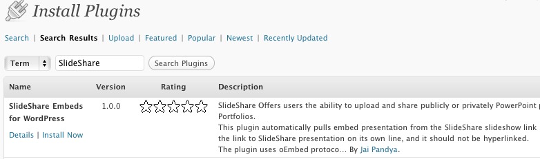 Search for `SlideShare` on plugins page. Click on `Install Now`.