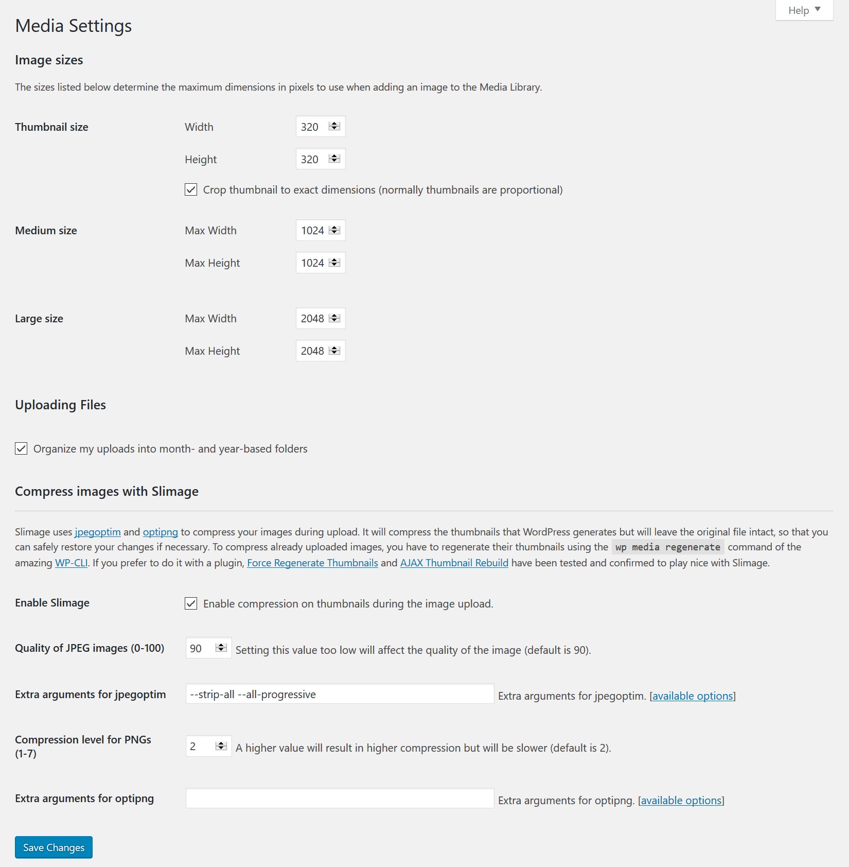 The main settings of the plugin, under Settings / Media.