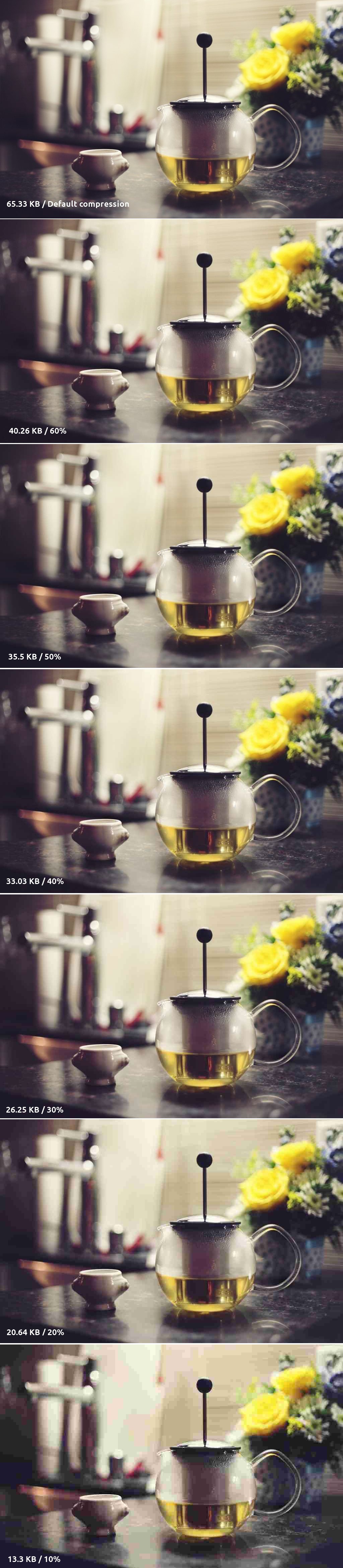 A sample of a few compression levels. The first image keeps the default WordPress compression and no Slimage compression applied (65.33KB). The rest of the samples are compressed with 60% (40.26KB), 50% (35.5KB), 40% (33.03KB), 30% (26.25KB), 20% (20.64KB) and 10% (13.3KB).