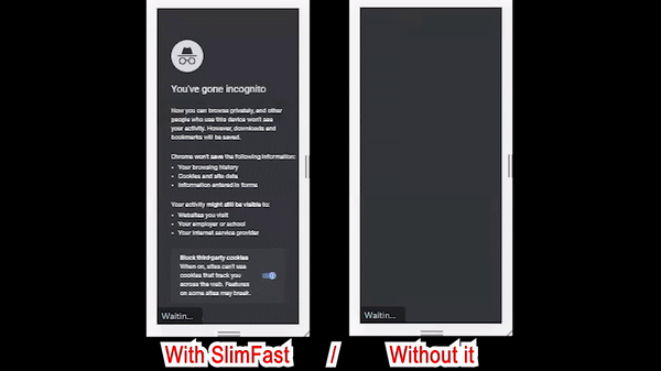 A more visual comparison with/without SlimFast. This time we're using the Google console and simulating a "good 3G" mobile connection. See the difference with your own eyes!