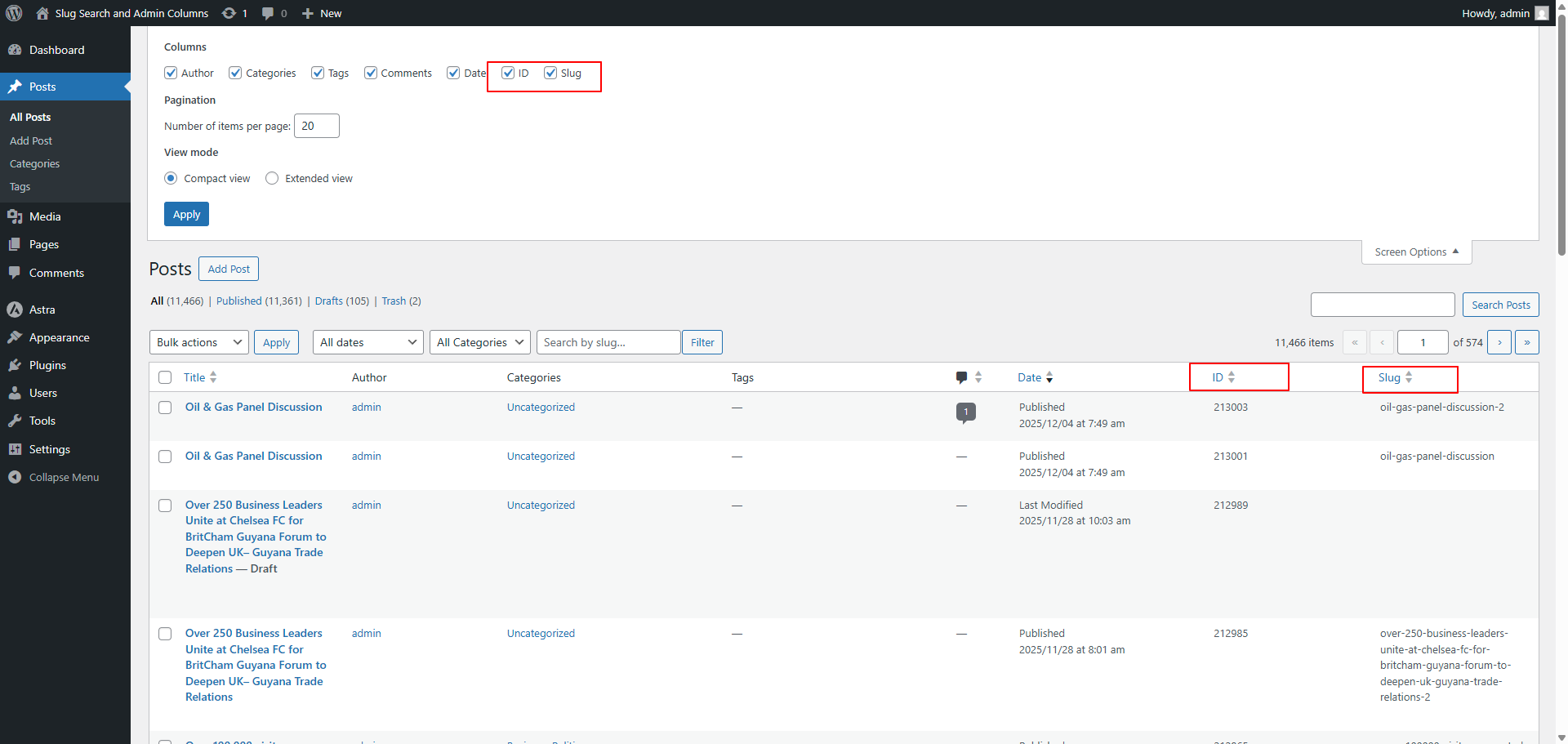 **ID and Slug Columns** - Sortable ID and Slug columns in the admin post list