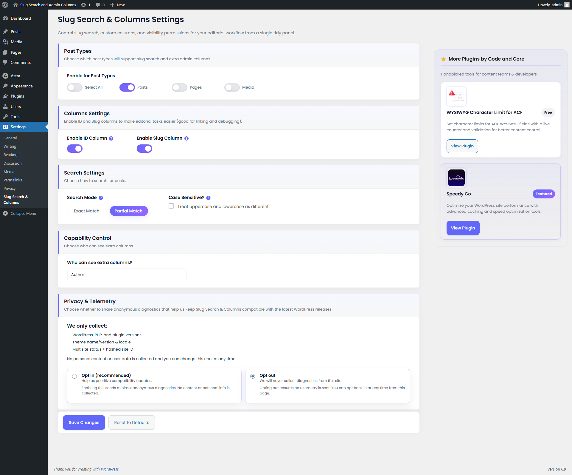 **Settings Page** - Comprehensive settings panel with post type selection