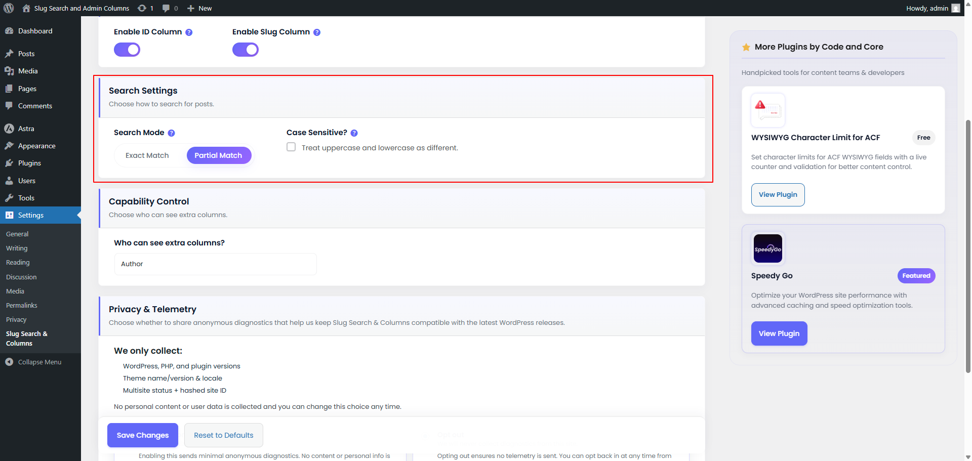 **Search Modes** - Choose between exact and partial match search