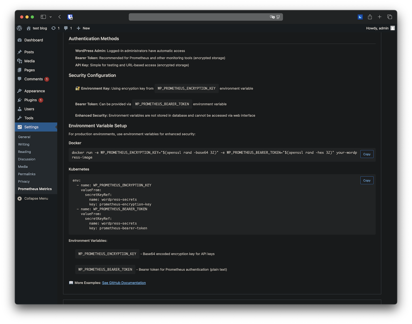 Admin settings page for authentication methods