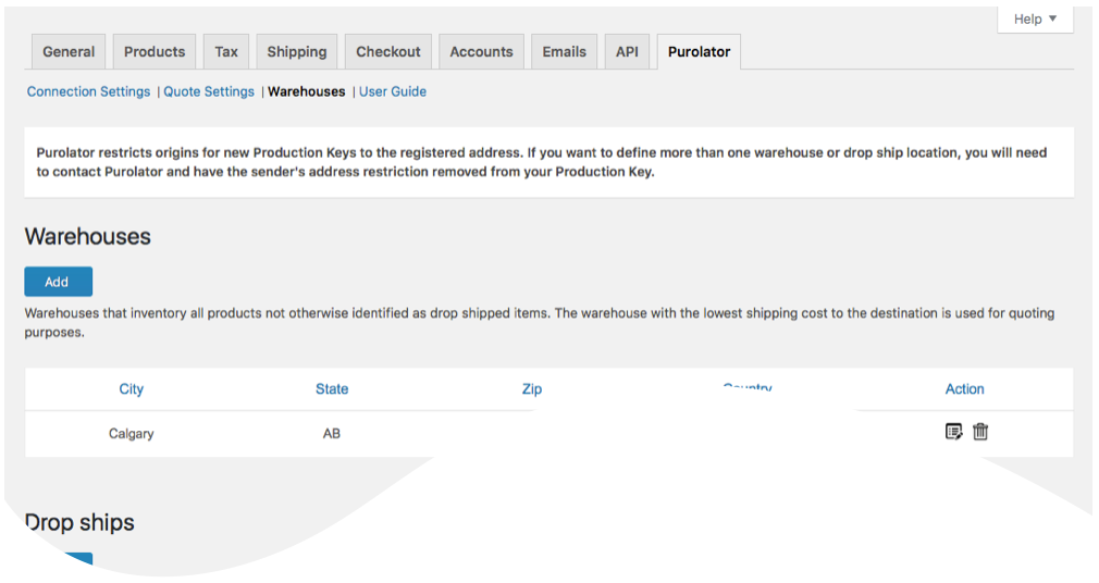 Connection settings page