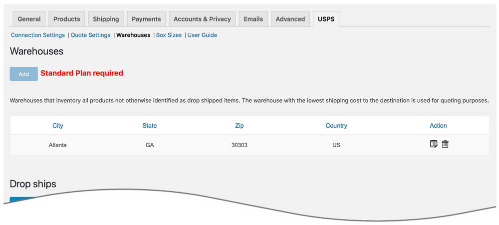 Connection settings page