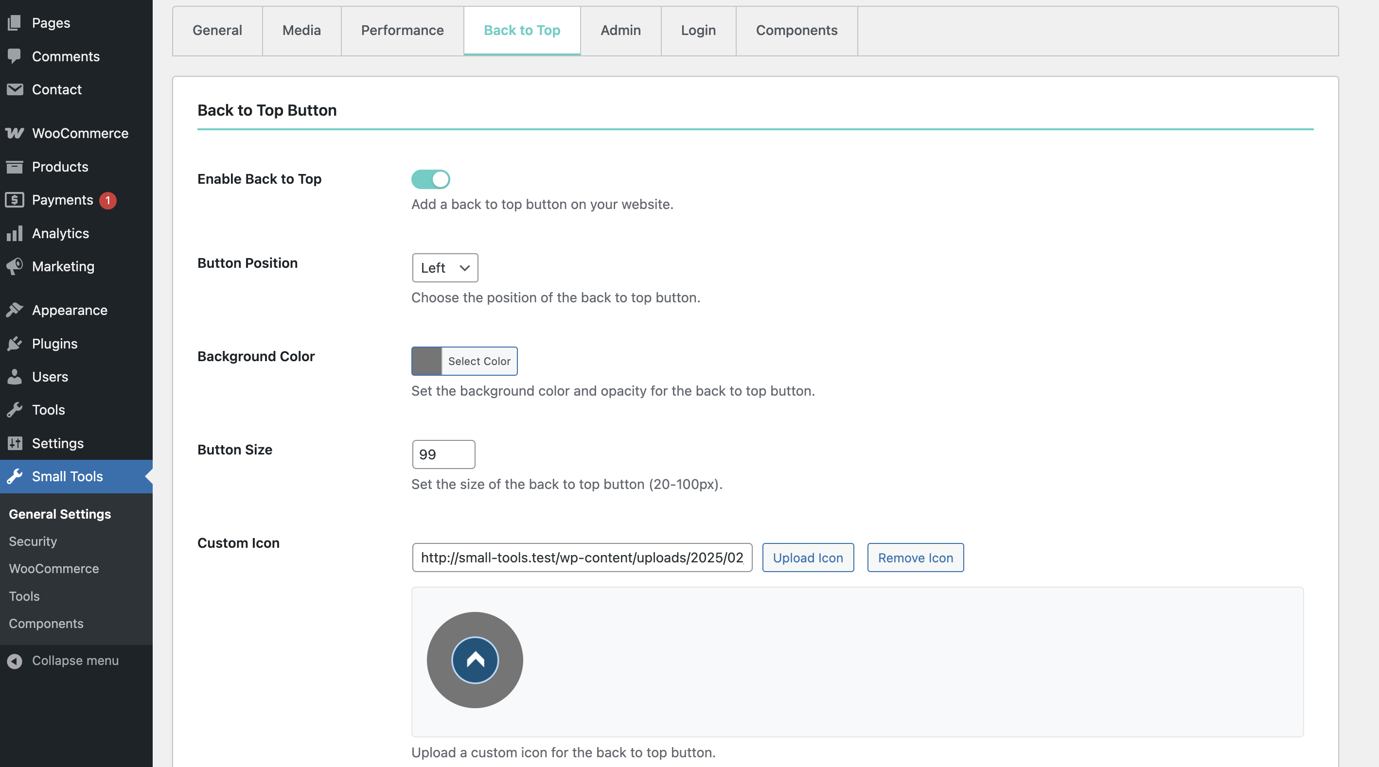 WordPress Components settings