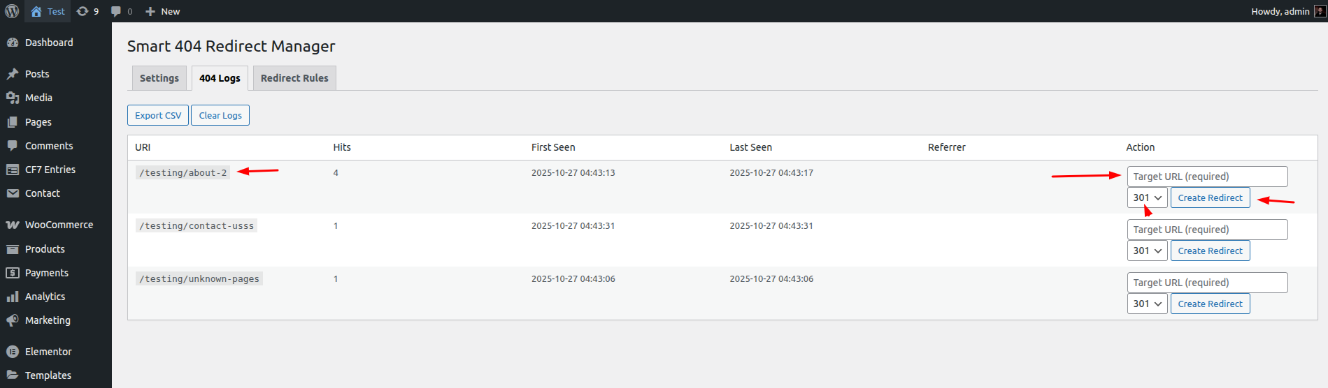 **404 Logs Overview** — View all logged 404 requests with referrers.