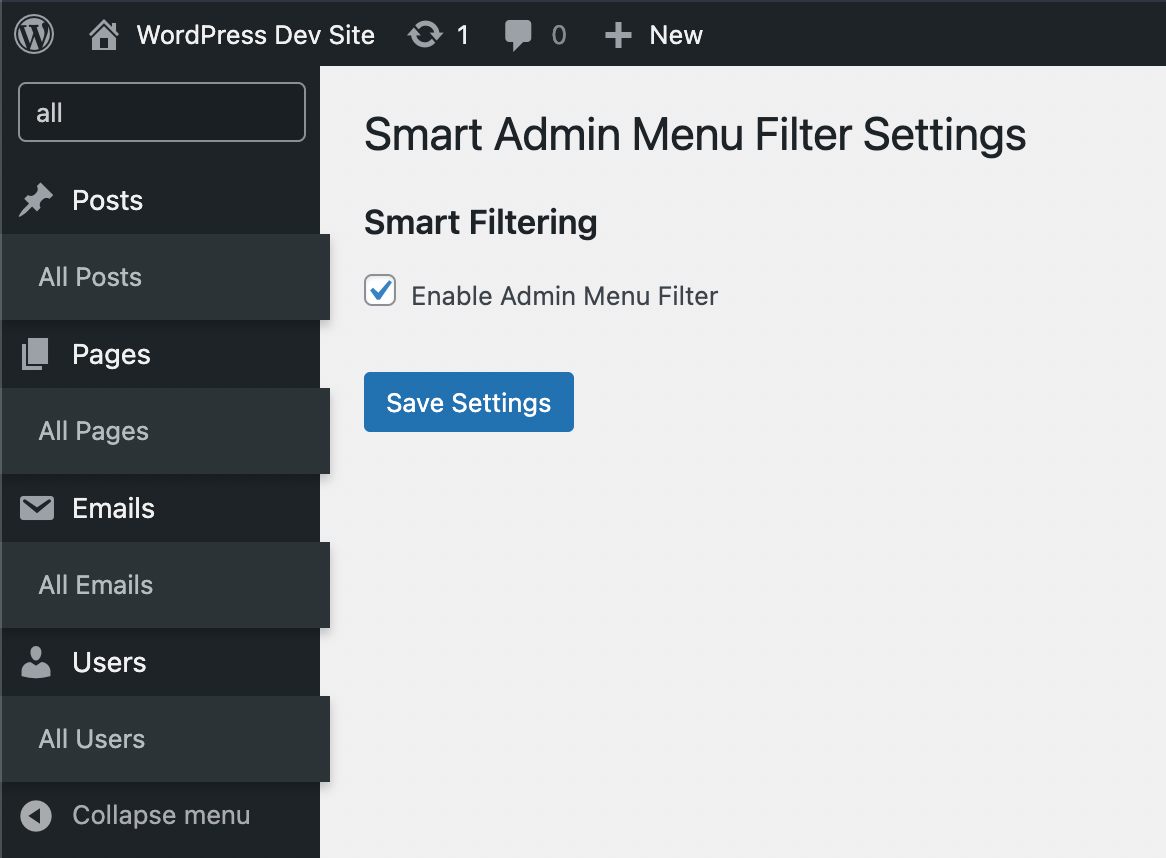 Smart Admin Menu Filter: Plugin Settings (default)