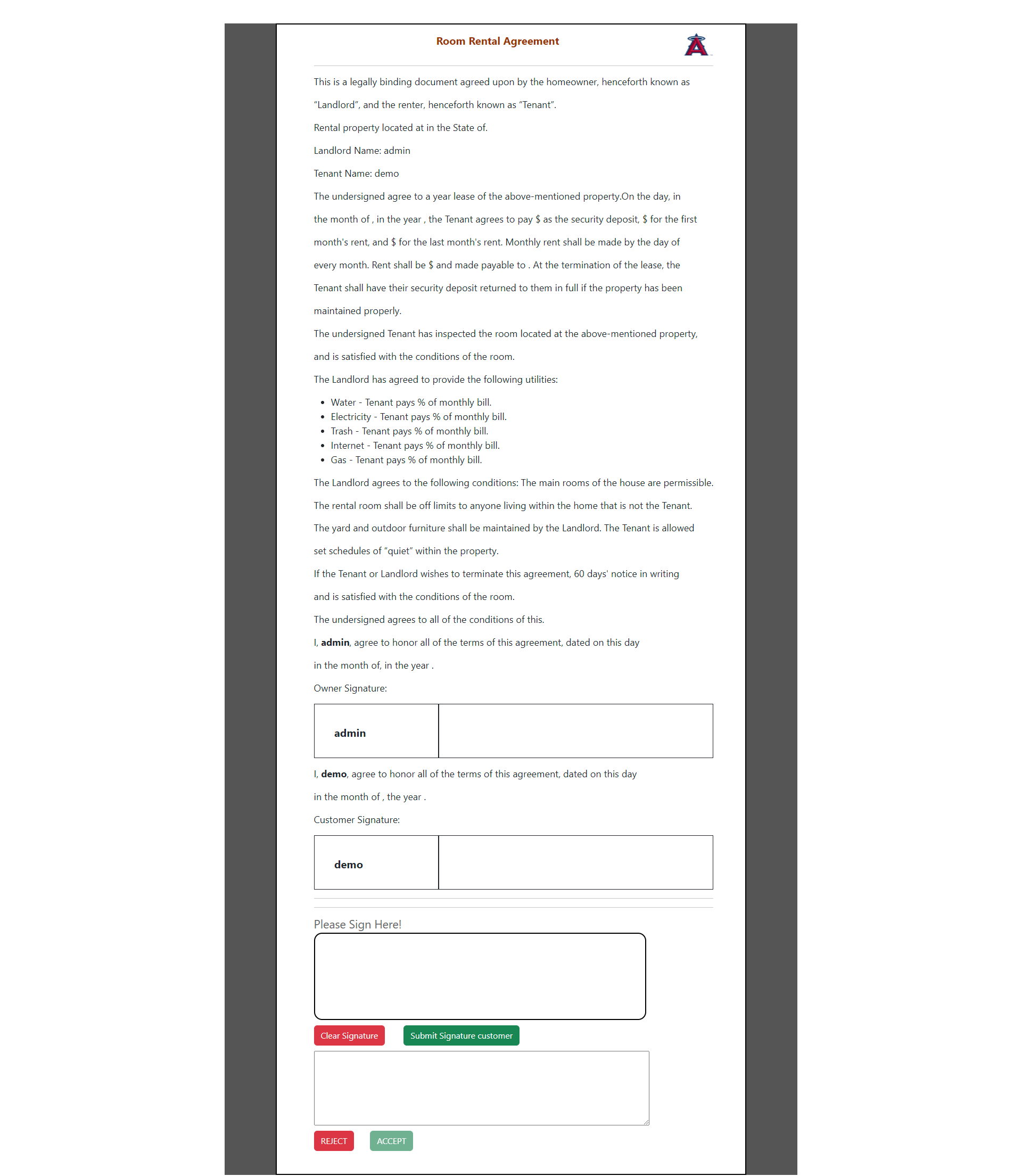 Agreement signature form