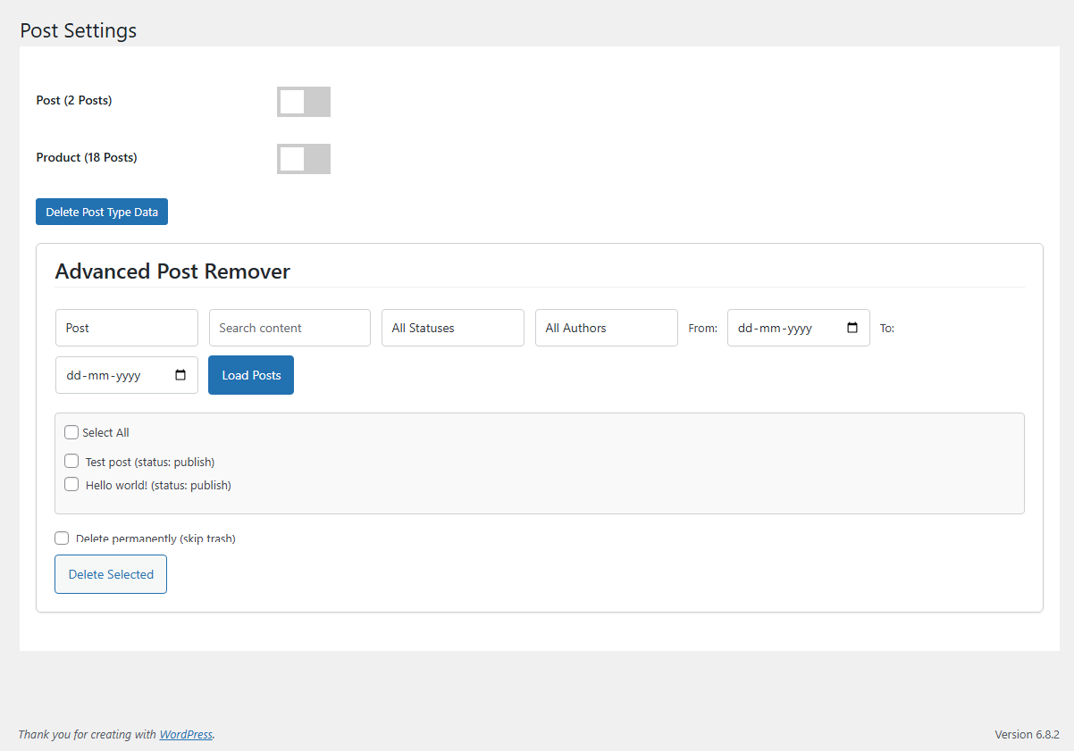 Advanced Post Remover screen with post type filters.