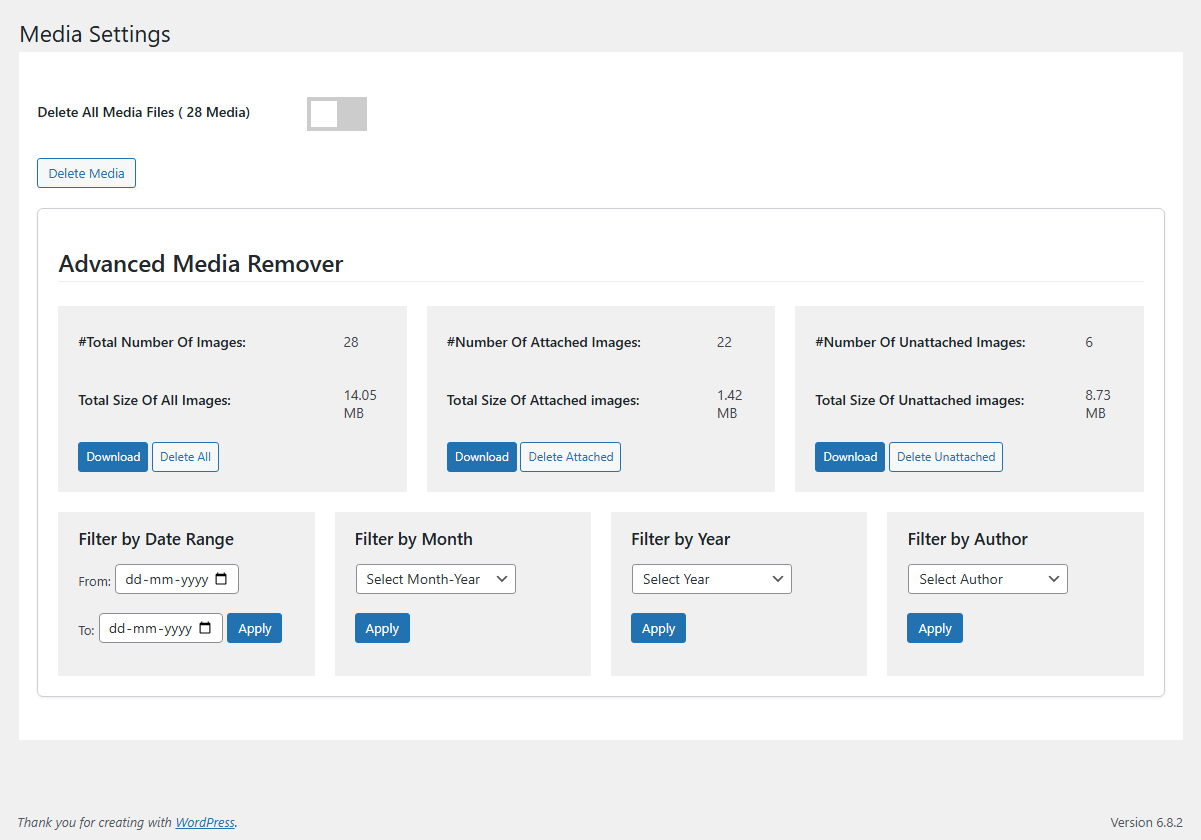 Advanced Media Remover showing totals, sizes and filters.