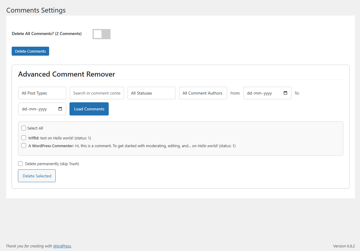 Advanced Comment Remover with comment status filters.