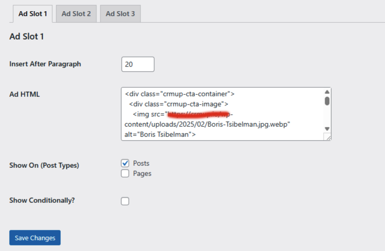 Admin settings page to control paragraph, content, and post types