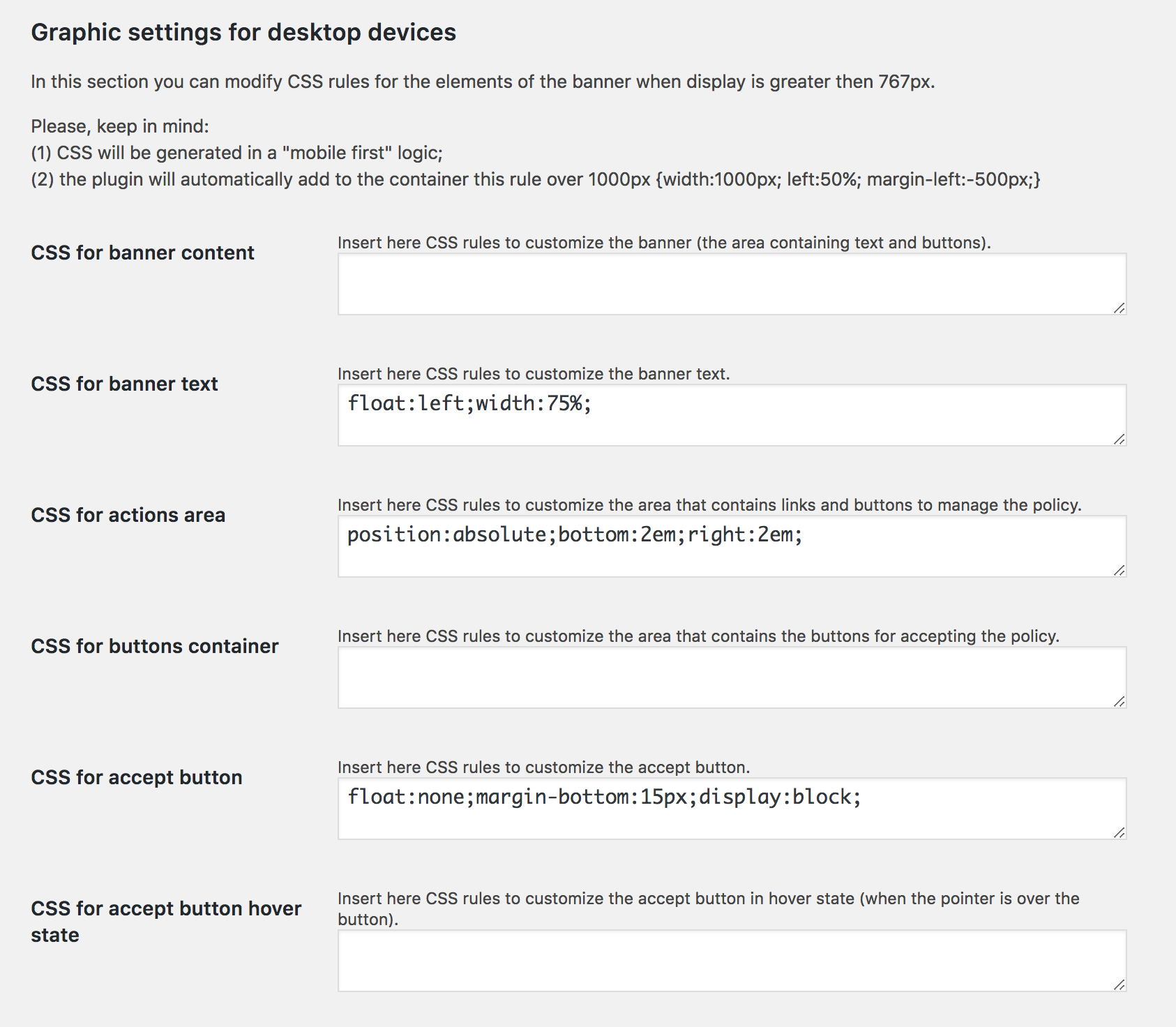 Backend graphic option page (desktop style section)