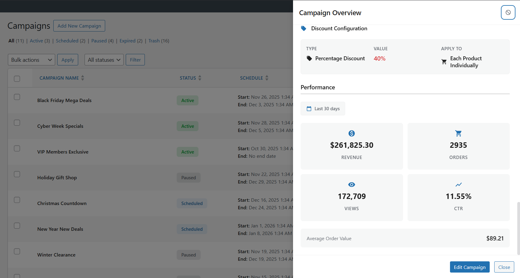 Campaign wizard Step 2 - Product selection with category tree and filtering options