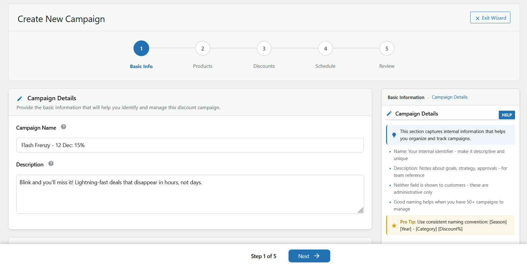 Campaign wizard Step 3 - Discount configuration with live badge preview and positioning
