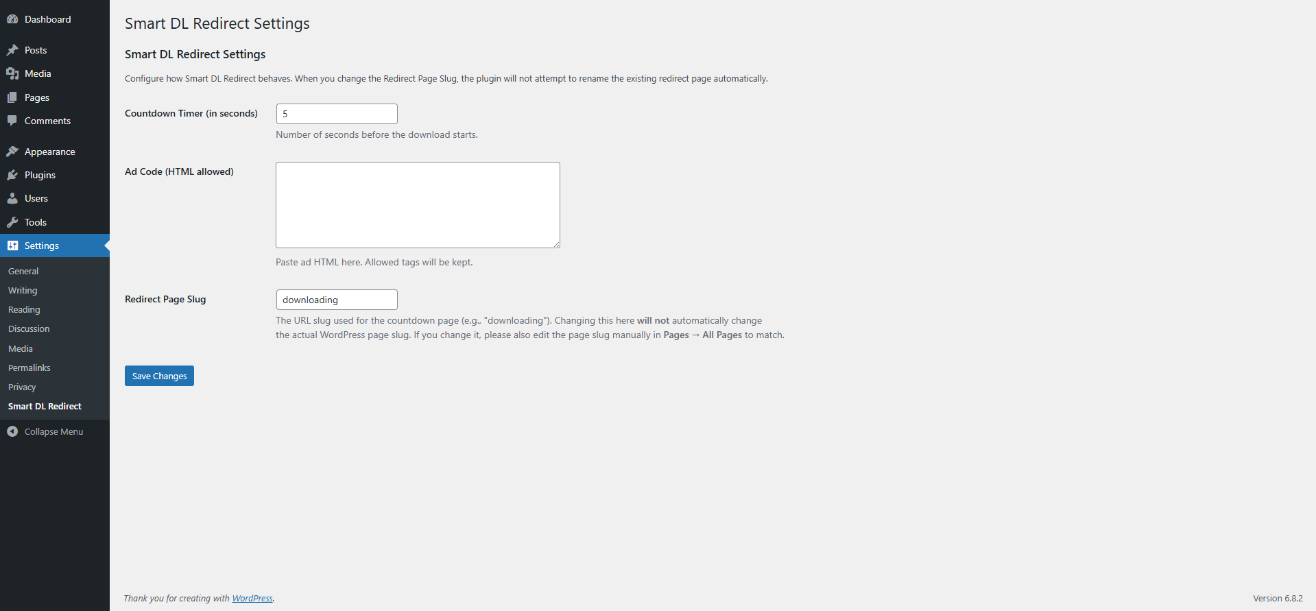 Plugin settings page – configure redirection, countdown, and download rules.