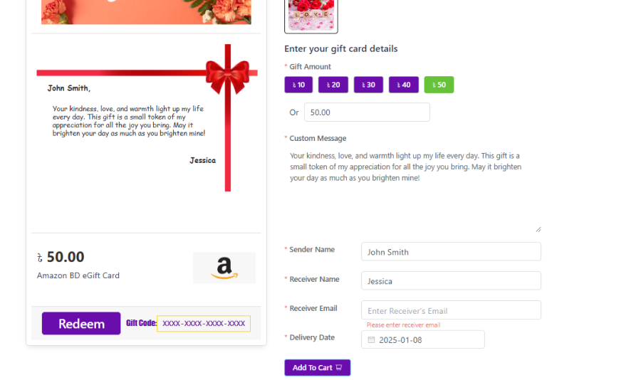 **Gift Card Customizer part 2** – Showcasing additional options to personalize eGift cards.