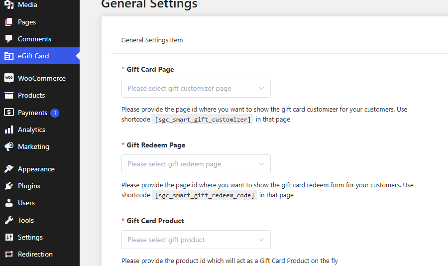 **Gift Card General Settings part 1** – Admin view for configuring general gift card settings.