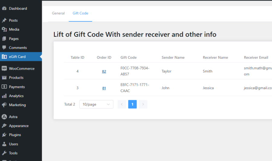 **Gift Code List with Details** – Admin dashboard for tracking and managing all issued gift codes.