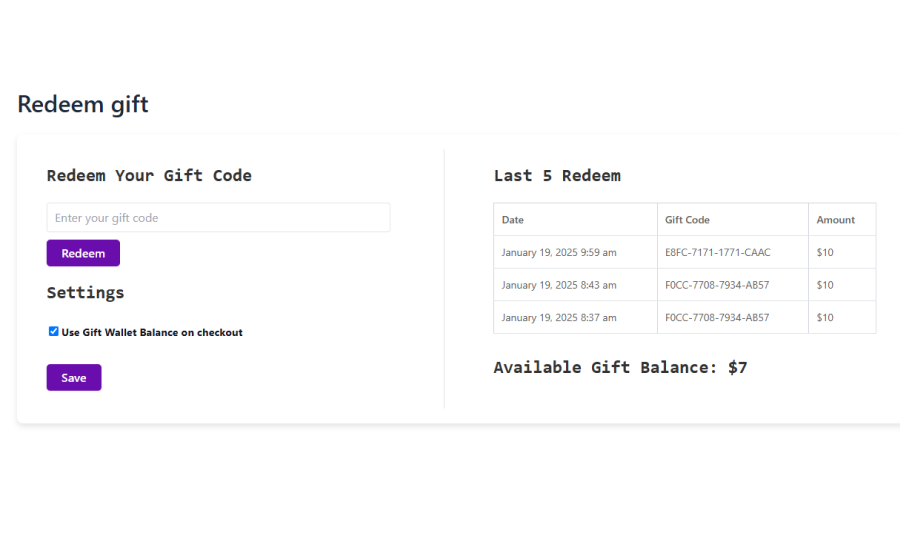 **Gift Card Redemption Page** – Clean and easy-to-use redemption page for customers.