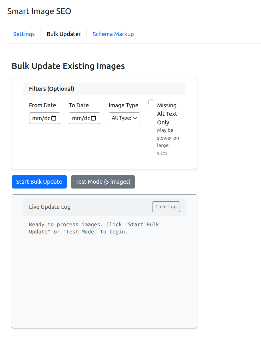 **Bulk Updater** - Process thousands of images with one click, including test mode and real-time progress logging