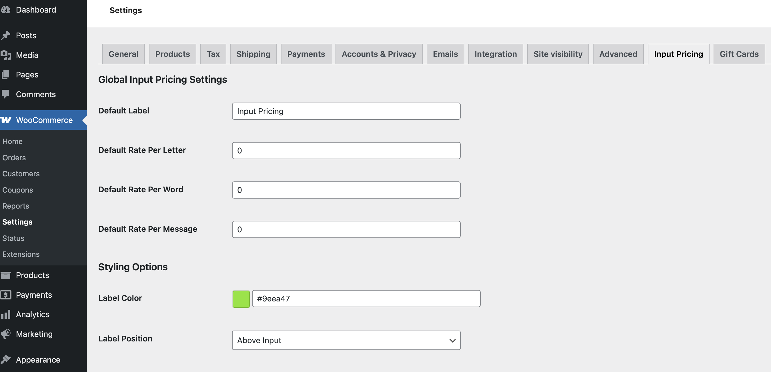 Admin settings per product with validation and pricing mode