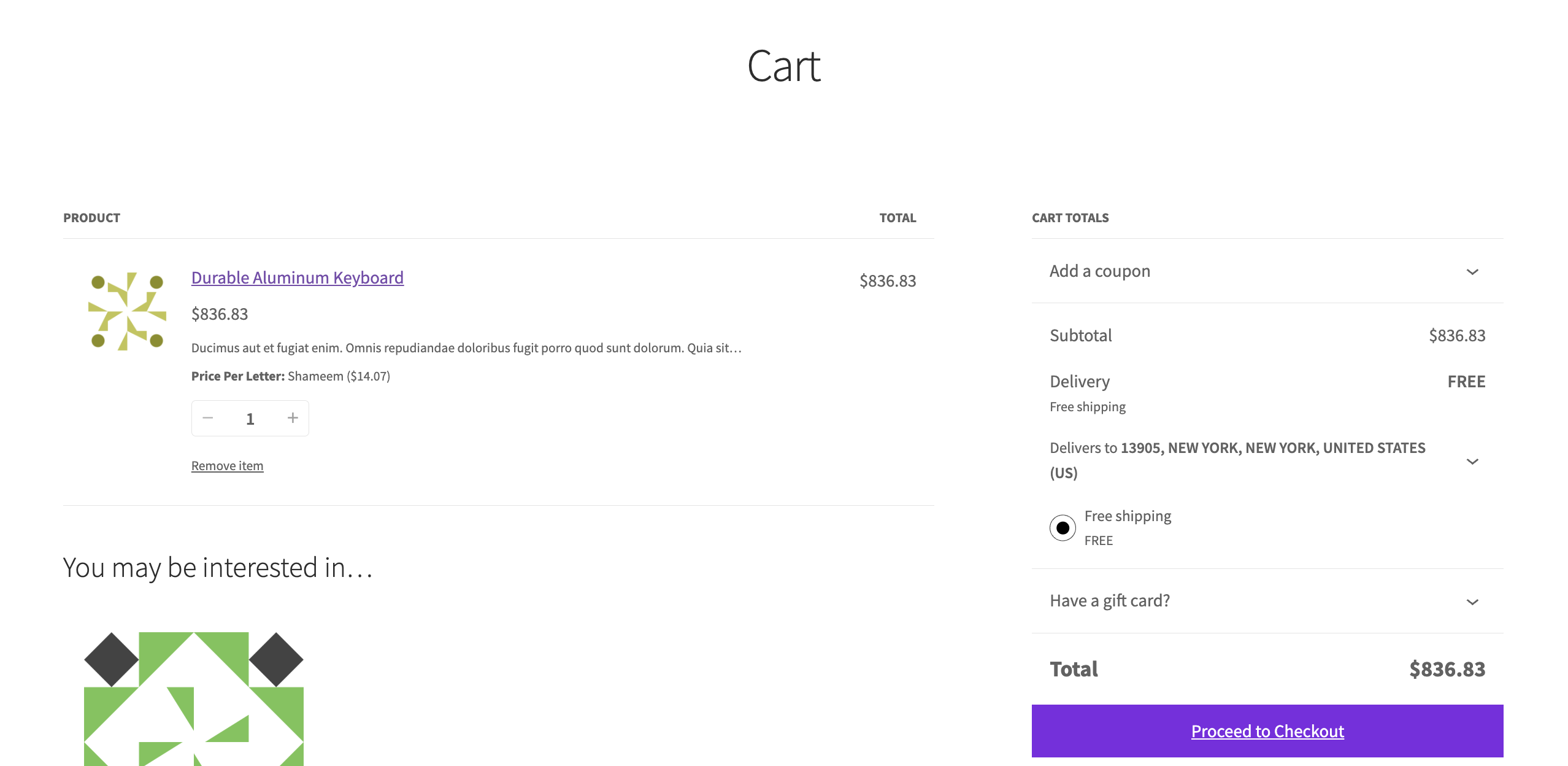 Cart and checkout showing calculated input charge