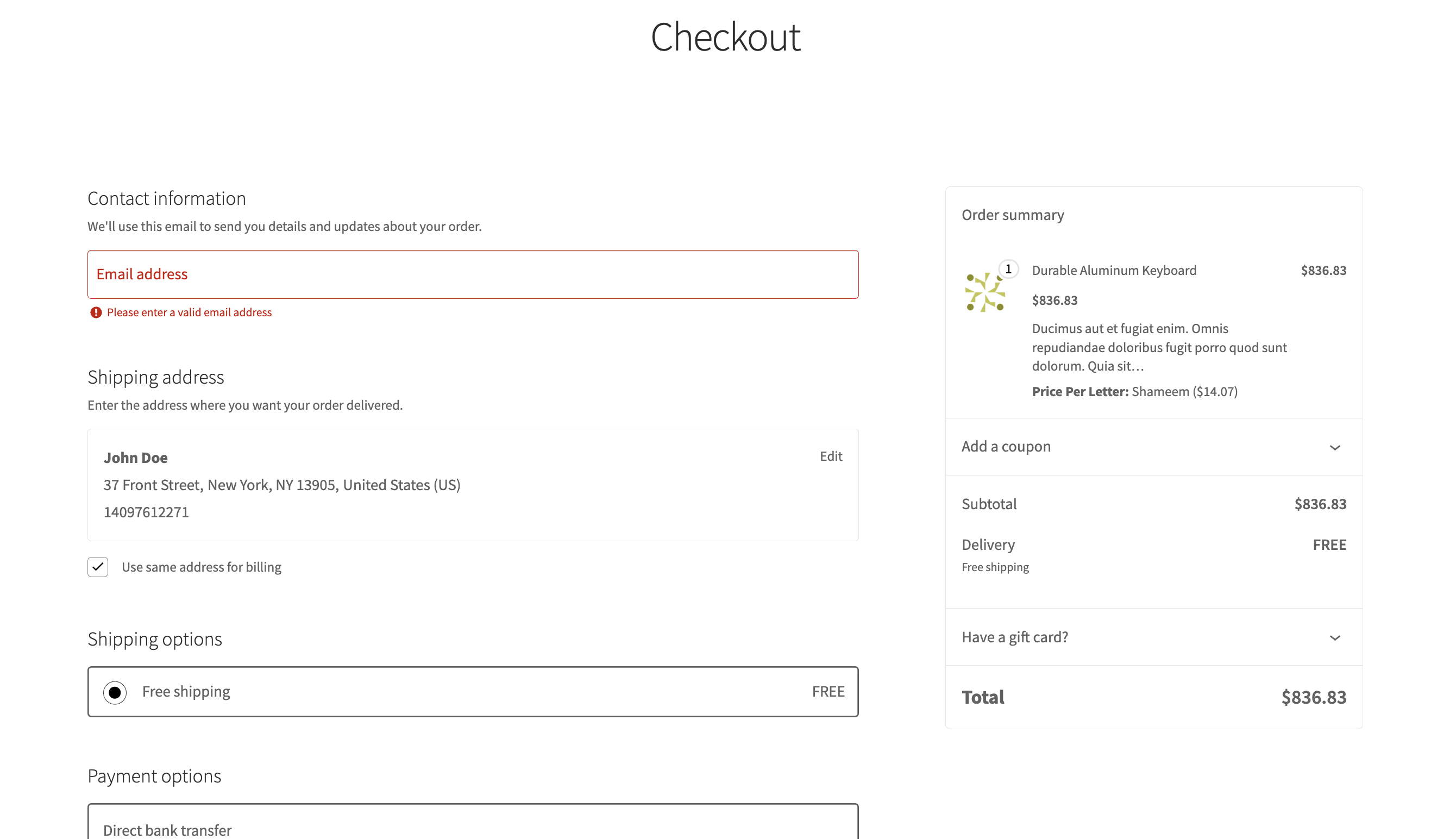 Order details with custom input field value